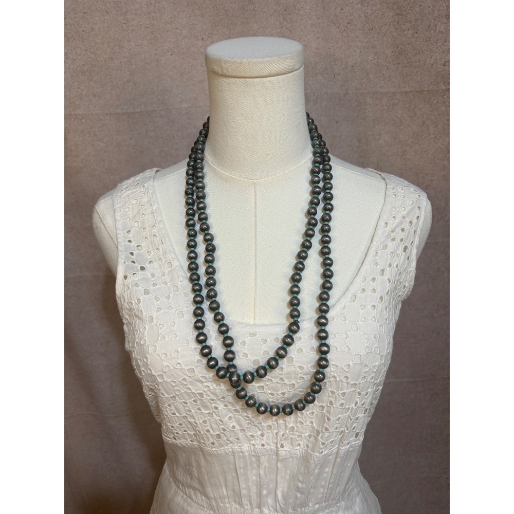 Navajo Pearl Turquoise Beaded Necklace Long Silver Tone Southwest Boho Western‎
